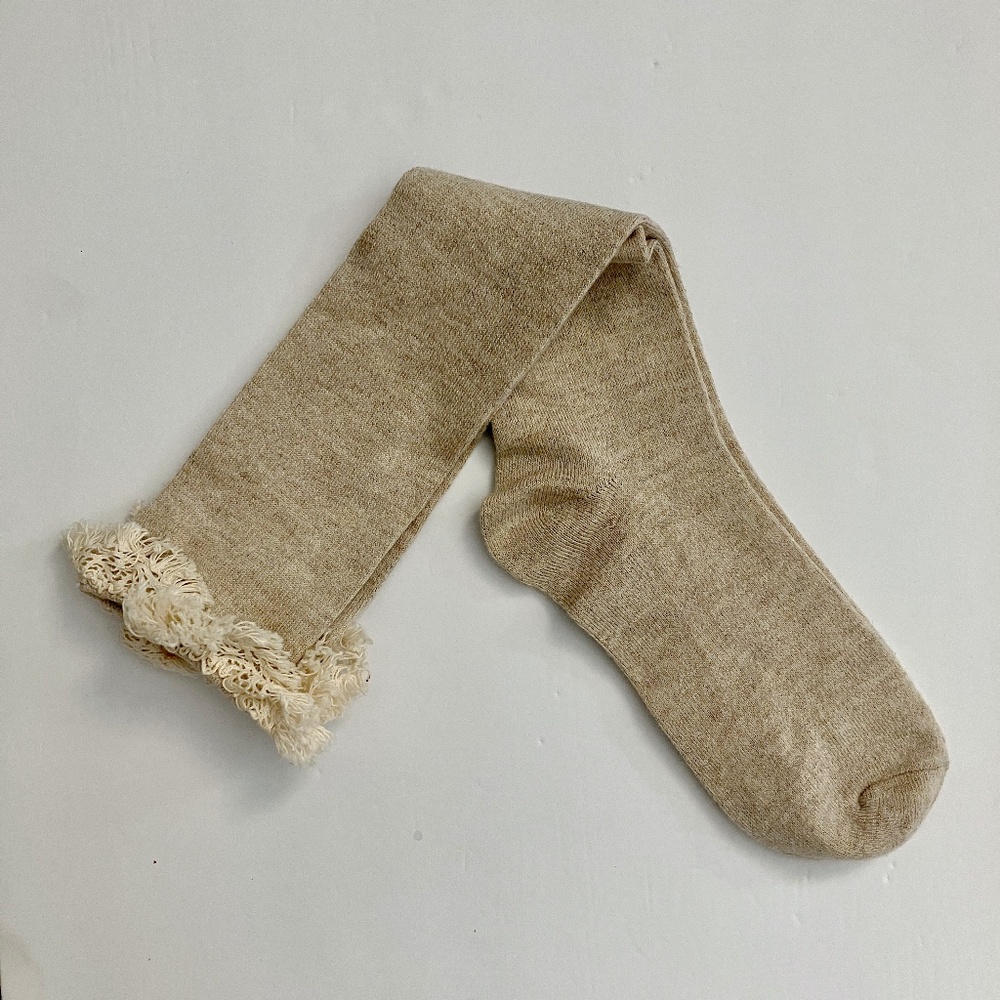 NWOT knee high heather oatmeal socks with off white lace cuff trim